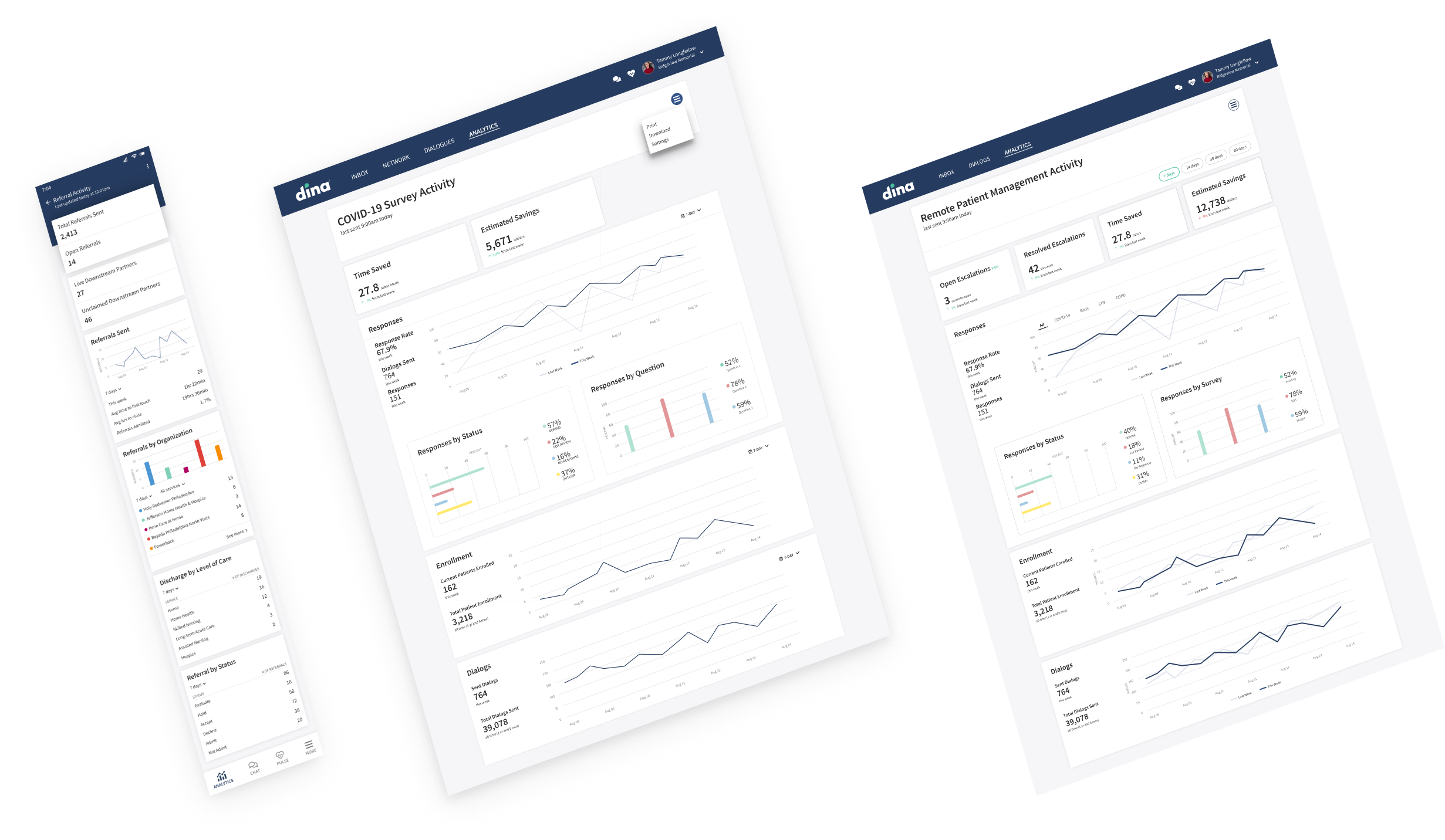 A series of dashboards I designed to enable real-time reporting for our Remote Patient Monitoring products. This feature replaced Looker reports we had been manually running and sending to our clients, thus reducing labor costs incurred from our customer success team.