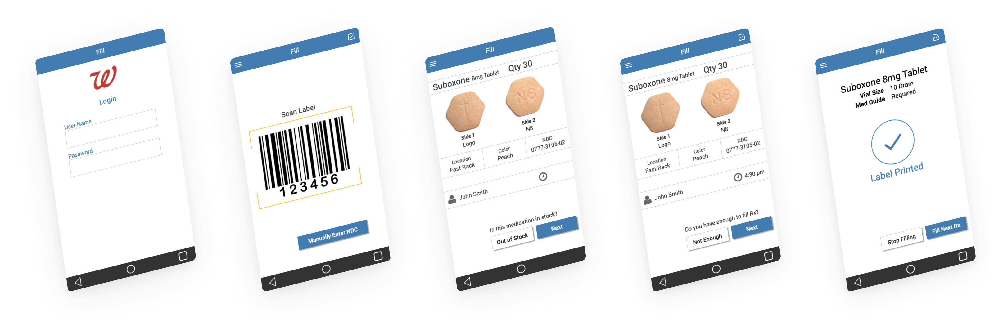Original mobile screens for the assembly application. These were designed for a handheld Zebra device using the Android framework as a model for the platform we would eventually use in pilot testing. This first iteration was based on wireframes developed in Axure.
